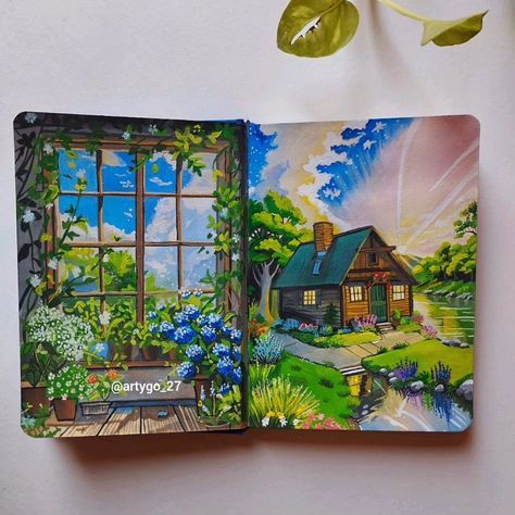 Painting Ghibli Scenes, Ghibli Art Painting, Ghibli Sketchbook, Ghibli Gouache Painting, Ghibli Painting Ideas, Studio Ghibli Gouache, Studio Ghibli Painting Ideas, Gouache Journal, Ghibli Gouache