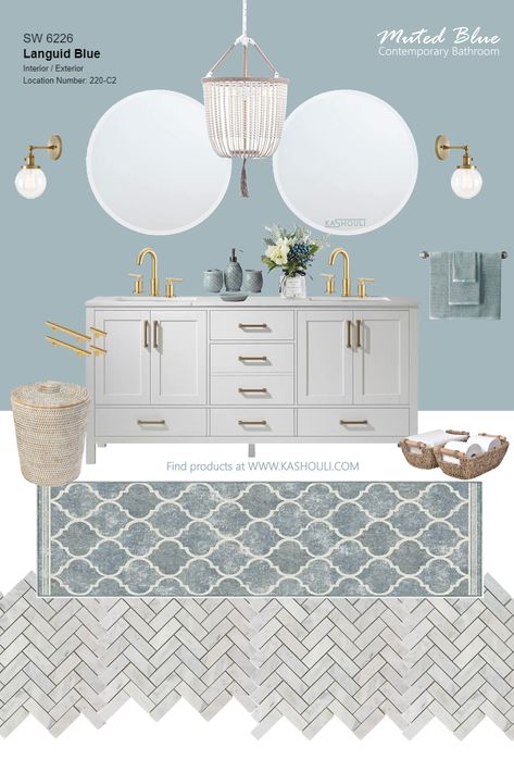 Light Blue And Brass Bathroom, Blue White Grey Bathroom, White Bathroom Blue Accents, Soft Blue Bathroom Ideas, White And Light Blue Bathroom, Blue Bathroom Mood Board, Grey Blue Bathroom Ideas, Guest Bathroom Blue, Spa Blue Bathroom