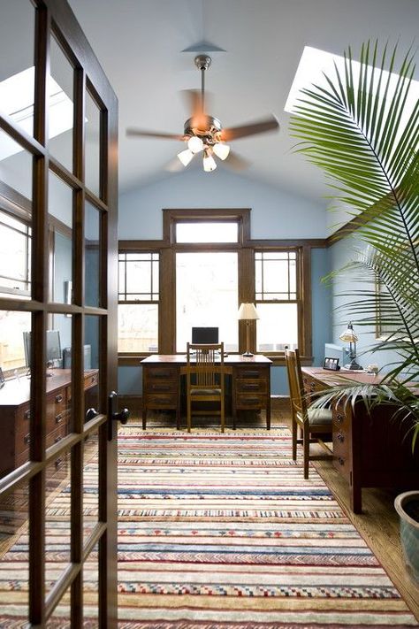 Living Happily with Wood Trim (& paint colours that play well with wood) Craftsman Home Office, Painting Wood Trim, Natural Wood Trim, Spare Bedrooms, Dark Wood Trim, Pine Trim, Trim Paint Color, Traditional Home Office, Trim Paint