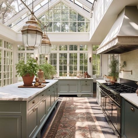 Sarah Robertson | I decided to do a deep dive into what a “conservatory kitchen” might look like, and here are a few fantasy kitchens ! Most of us don’t… | Instagram Solarium Off Kitchen, Kitchen With Sunroom Attached, English Conservatory, Solarium Kitchen, Cottage Conservatory, Conservatory Kitchen Ideas, Kitchen With Windows, Orangery Extension Kitchen, Dining Room Addition