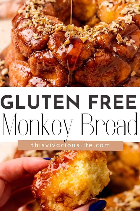 I love this soft, gooey, pull-apart Gluten-Free Monkey Bread. These bite-sized cinnamon buns are a heavenly dessert that I like to eat for breakfast! From their warm, sticky, caramel glaze to the buttery cinnamon sugar to the easy way it all comes together in a bundt pan, this recipe is absolute perfection. Gluten Free Monkey Bread Recipe, Gluten Free Christmas Breakfast, Gluten Free Monkey Bread, Cinnamon Pull Apart Bread, Monkey Bread Recipe, Breakfast Pastry, Gf Baking, Cookies Gluten Free, Gluten Free Donuts