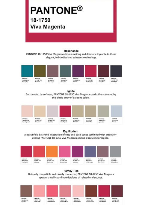 Four palettes created by Pantone® to show the potential for their 2023 Color of the Year, 18-1750 Viva Magenta. Which is your favorite? Magenta Pantone Colour Palettes, Complete Color Palette, Viva Magenta Color Combination, Pantone Colour Palettes 2023, Viva Magenta Palette, Magenta Combination Color, Magenta Colour Palette, Pantone Color Of The Year 2023, Viva Magenta Color Palette