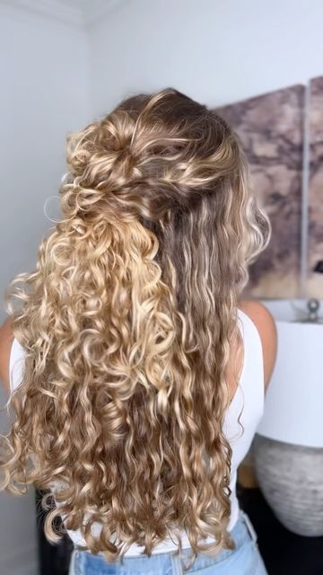 Bridesmaid Half Updo Hairstyles, Curly Hairstyles Half Up Half Down Bun, Curly Bridal Hair Half Up, Naturally Curly Prom Hair, Half Up Bun Curly Hair, Curly Half Up Half Down Bun, Curly Half Up Half Down Natural Hair, Half Up Half Down Bun Curly Hair, Natural Half Up Half Down Curly Hair