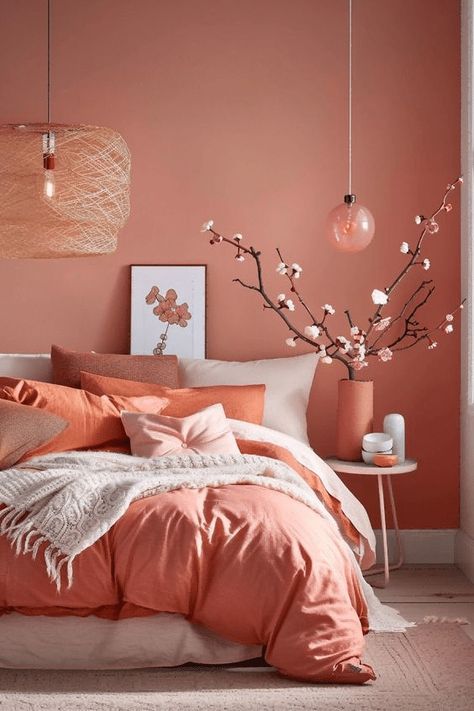 The Best Feng Shui Bedroom Colors Ideas Trending In 2024! Blush And Burnt Orange Bedroom, Salmon Color Bedroom Walls, Coral Boho Bedroom, Salmon Bedroom Ideas, Peach Color Bedroom Ideas, Small Bedroom Feng Shui, Bedroom Colours 2024, Teenage Girl Bedroom Color Schemes, Colourful Bedroom Aesthetic