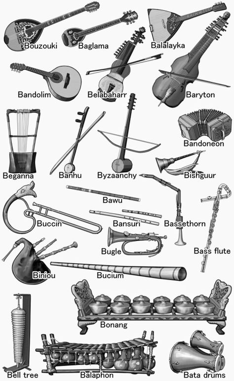 World musical instruments The names of musical instruments. from Baglama to Byzaanchy. Monochrome illustration. Bard Instruments, Old Musical Instruments, Homemade Instruments, Monochrome Illustration, Violin Lessons, Drum Lessons, Folk Instruments, Singing Tips, Old Music