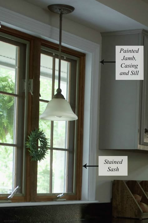 Wood Window Casing With White Trim, Wood Windows White Trim, Edgecomb Gray Walls, Trim Remodel, Wood Window Trim, Grey Walls White Trim, Benjamin Moore Edgecomb Gray, Staining Wood Floors, Stained Windows