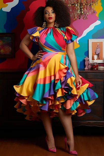 Xpluswear Rainbow Dress Women, Oldies Fashion, Chiffon Maxi Dresses, Guest Ideas, Plus Size Vacation, Trendy Chic Outfits, Black Hair Updo Hairstyles, Classic Dresses, Chic Dress Classy