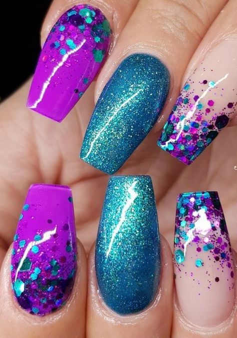 # Purple & Teal Nails Teal Acrylic Nails, Summer Nails 2022, Teal Nail Designs, Ring Finger Nails, Teal Nails, Finger Nail Art, Purple Nail Designs, Nails 2022, Cute Nail Art Designs