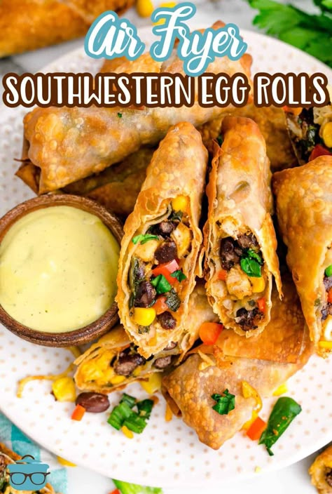 Healthy Southwest Eggrolls, Air Fryer Southwestern Egg Rolls, Southwest Chicken Egg Rolls Air Fryer, Copycat Chili's Southwest Eggrolls, Southwestern Eggrolls Recipe Chilis, Copycat Southwest Eggrolls Chilis, Santa Fe Egg Rolls Recipe, Air Fryer Southwest Eggrolls, Air Fryer Egg Roll Wrapper Recipes