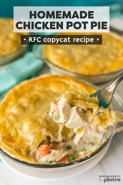 This KFC chicken pot pie copycat recipe has a golden flaky pie crust topping, creamy seasoned filling, and tons of veggies, including potatoes, and it's great for using leftover chicken. One bite, and you'll know why they say it's finger-lickin' good! | www.persnicketyplates.com Chicken Pot Pie Easy Recipe, Chicken Pot Pie With Potatoes, Chicken Pop Pie, Copycat Kfc Chicken, Using Leftover Chicken, Copycat Kfc, Persnickety Plates, Turkey Pot Pie Recipe, Chicken Potpie