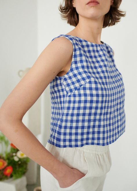 Gingham Top Outfit, Comfortable Summer Outfits, Linen Style Fashion, Loose Crop Top, Top Summer Outfits, Gingham Linen, Linen Top Women, Gingham Top, Diy Tops