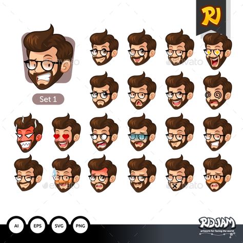 Chibi Beard, Facial Emotions, Beard Cartoon, Emotion Expression, Cartoon Glasses, Facial Expressions Drawing, Expression Face, Illustration Software, Emote Twitch