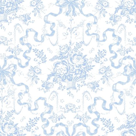 This dreamy damask wallpaper features a bouquet of roses and floral garland framed by a bow and its free-flowing tails. The charming, vintage-inspired illustrations are inked in pale blue against crisp white. Blue Floral Vintage Wallpaper, Chateau Toile Wallpaper, Light Blue Floral Wallpaper, Blue Toile Wallpaper, Blue And White Floral Wallpaper, Blue Vintage Wallpaper, Aesthetic Questions, White And Blue Wallpaper, Pale Blue Wallpaper