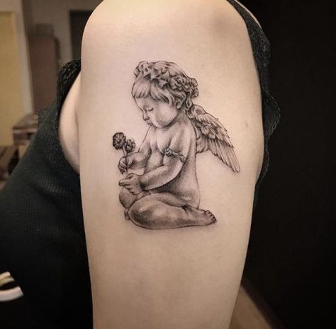 Cute cherub with flower arm tattoo Flying Cherub Tattoo, Cherub Tattoos, Flower Arm Tattoo, Angle Tattoo, Mama Tattoo, A Tattoo Design, Cherub Tattoo, Garden Tattoos, Pitbull Art