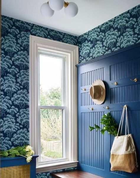 Mudroom With Bench, Gold Radiator, Radiator Cover Ideas, Mudroom Paint, Mudroom Paint Color, Timeless Wallpaper, Best Radiators, Benjamin Moore Blue, Blue Nova