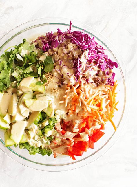 Super Easy Thai Crunch Salad with Tahini Dressing - Robust Recipes Tahini Dressing For Buddha Bowl, Tahini Broccoli Crunch Salad, Buddah Bowl Dressing No Tahini, Crunchy Thai Peanut Salad, Thai Crunch Salad, Crunchy Thai Peanut & Quinoa Salad, Salad With Tahini Dressing, Crunch Salad, Tahini Paste