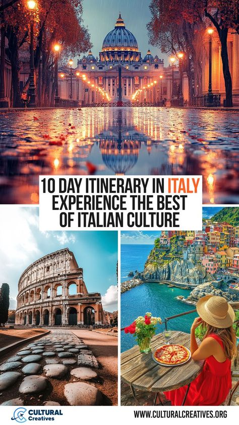 Images of Vatican City, the Colosseum, and a coastal Italian village with a woman enjoying pizza, representing a 10 Day Itinerary in Italy. Must Visit Places In Italy, Central Italy Itinerary, First Trip To Italy, Best Cities To Visit In Italy, 2 Week Italy Itinerary, Italy Itinerary 10 Days, Italy Must See, Italian Roadtrip, Two Weeks In Italy