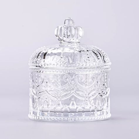 Supplier 200ml luxury custom crown design glass candle container with lid for wedding decoration,Sunny glassware Toples Kaca, Dry Fruit Box, Jar Jewelry, Glass Storage Containers, Glass Apothecary Jars, Tea Jar, Vintage Jars, Glass Jars With Lids, Glass Storage Jars