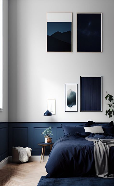 Navy Blue Apartment, Scandinavian Interior Blue, Cali Apartment, Blue Themed Bedroom, Post Modern Bedroom, Modern Scandinavian Interior Design, Navy Bedrooms, Modern Scandinavian Interior, Uncle Mike