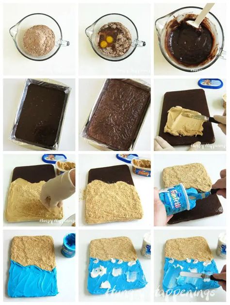 Brownie Beach - An Easy Beach Cake with Video Tutorial Shark Brownies, 36 Birthday, Beach Dessert, Beach Birthday Cake, Beach Theme Birthday, Kids Gratitude Journal, Beach Cupcakes, Dolphin Party, Gratitude Journal For Kids