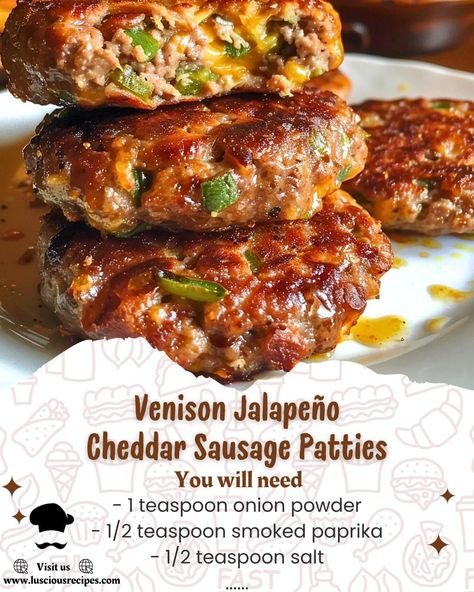 Jalapeno Cheddar Sausage, Venison Sausage Recipes, Ground Venison Recipes, Ground Sausage Recipes, Venison Sausage, Venison Burgers, Homemade Sausage Recipes, Deer Recipes, Sausage Patties