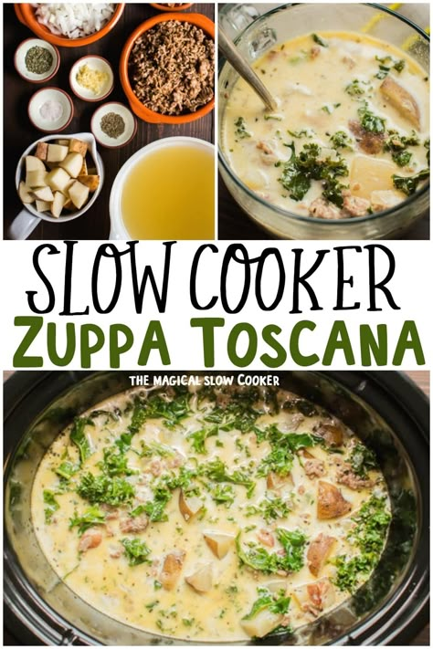 Zuppa Toscana is easily made in the slow cooker, made with potatoes, sausage and kale. Great for a weeknight dinner. - The Magical Slow Cooker Slow Cooker Zuppa Toscana, Slow Cooker Healthy, Family Friendly Dinner Recipes, Air Fryer Recipes Keto, Sausage And Kale, Magical Slow Cooker, The Egg Diet, Dinner Recipes Chicken Healthy, Tuscan Soup