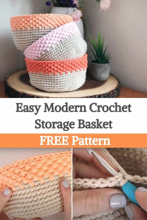 Crochet Storage Baskets Free Pattern, Crochet Storage Baskets Free, Crochet Storage Basket, Crocheted Baskets, Modern Haken, Crochet Basket Pattern Free, Crochet Storage Baskets, Crochet Bowl, Crochet Cushion