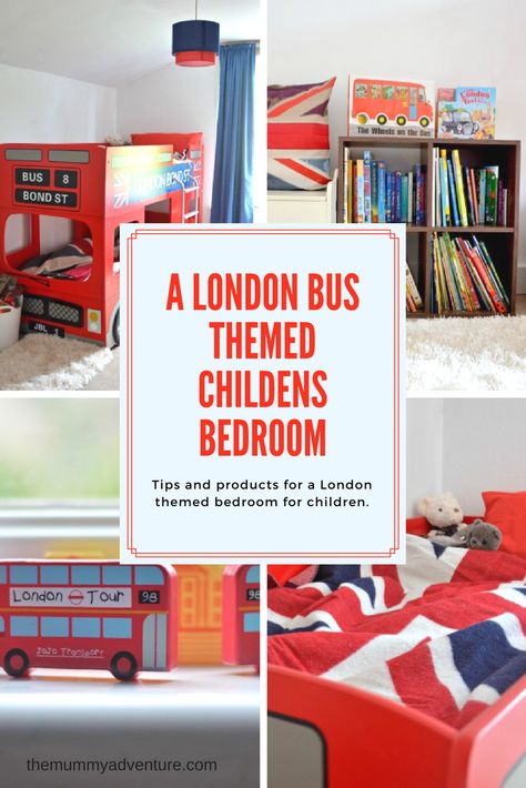 London bus themed children's room, themummyadventure.com #London #Londonbus #Londonkidsbedroom #Kidsinteriors #Themedkidsroom Bus Bedroom, London Nursery, London Decor, London Bedroom, London Kids, London Theme, Travel Kids, Themed Kids Room, Theme Bedroom