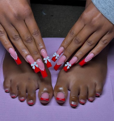 Red coquette set ❤️ ~ ~ ~ #explore #explorepage #nails #longnails #nailinspo #frenchtipnails #acrylicnails Red French Tip Nails Toes, Nails Acrylic 2024, Red Acrylic Toes, Red French Tip Nails With Design, Red French Tip Toes, Red Bottoms Nails, Red Nail Sets, Red Square Acrylic Nails, Red Birthday Nails