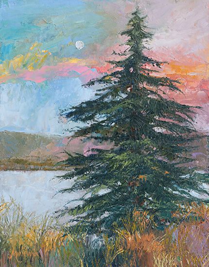 Evergreen Trees Painting, Hillside Landscape, Frit Painting, Douglas Fir Tree, Pine Tree Painting, Pine Tree Art, Lily Art, Art Deco Paintings, Favorite Paintings