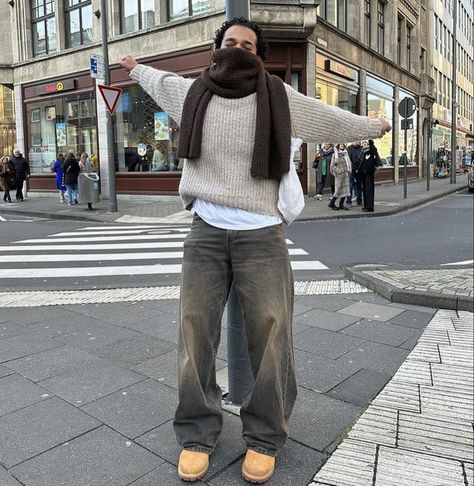 Baggy Outfit Inspo Aesthetic, Streetwear Scarf Outfit, Fit Ideas Streetwear, Streetwear Outfit Ideas Men, Fit Inspo Baggy Clothes, Men Scarf Outfit, Timbs Outfit Men, Streetstyle Outfit Men, Streetwear Outfit Men