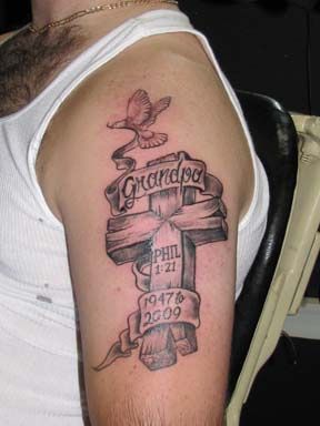 Grandfather Memorial Tattoos, Cross With Thorns, Wooden Cross Tattoos, Cross With Dove, Thorns Tattoo, Grandpa Tattoo, Tattoos For Dad Memorial, Memorial Tattoo Designs, Grandma Tattoos