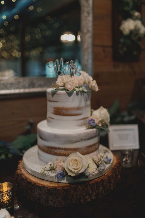 Blush And Dusty Blue Wedding Cake, Dusty Blue Wedding Cake Rustic, Wedding Cake Blue Flowers, Dusty Blue And Blush Wedding, Wedding Cake Dusty Blue, 2 Tier Wedding Cakes, Wedding Cake Navy, Blush Wedding Cakes, Blue And Blush Wedding