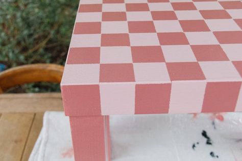 Upcycled DIY Checker Painted Side Table — Smor Home Checkered Nightstand, Checkered Table, How To Paint Checkered Pattern, Diy Checkered Wall, Checkers Table Diy, Checkered Side Table, Paint Checkerboard Pattern, Checkerboard Table Top, Retro Side Table