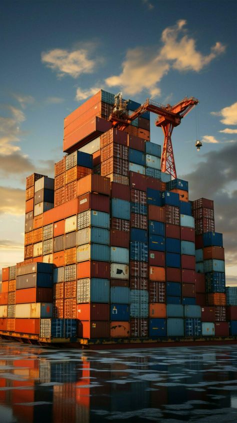 Cargo ship vista Containers stacked high, harbor backdrop, showcasing maritime transport Vertical Mobile Wallpaper AI Generated Logistics Aesthetic, Logistics Design Creative, Shipping And Logistics, Logistics Design, Vertical Wallpaper, Container Van, Cargo Ships, Cargo Transport, Cargo Container