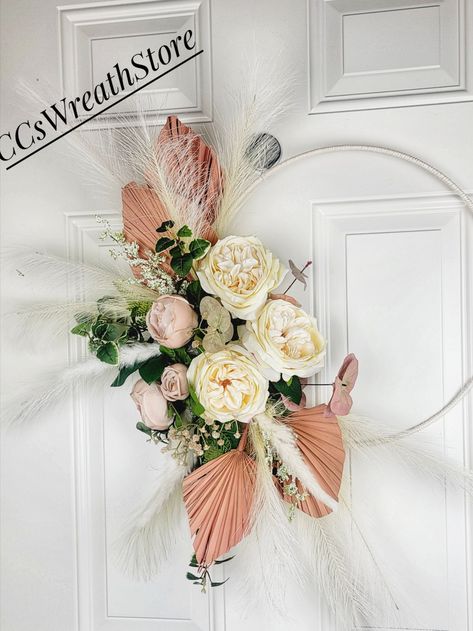 Stunning large Boho Wreath, this gorgeous wreath is perfect for a wedding decor, large bohemian wall decor. Made on 19" metal hoop wrapped in craft cord, styrofoam, english roses, cabbage roses, pampas grass, greenery, palm ferns and more. Wedding Boho Decor, Front Door Spring, Spring Floral Wreath, Boho Wreath, Bohemian Wall Decor, Floral Wreaths, Wreath Wedding, Bohemian Wall, Spring Wreaths