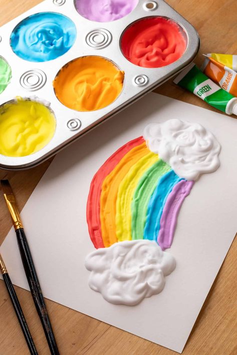 How To Make Rainbow Puffy Paint Sensory Pattern Activities, Baking Soda Preschool Activities, Abstract Art For Kindergarten, Fun Art For Preschoolers, Shaving Cream And Glue Puffy Paint, Rainbow Art Craft, Shaving Cream Art For Kids, Shaving Cream Activities For Toddlers, Rainbow Crafts For Kids Preschool