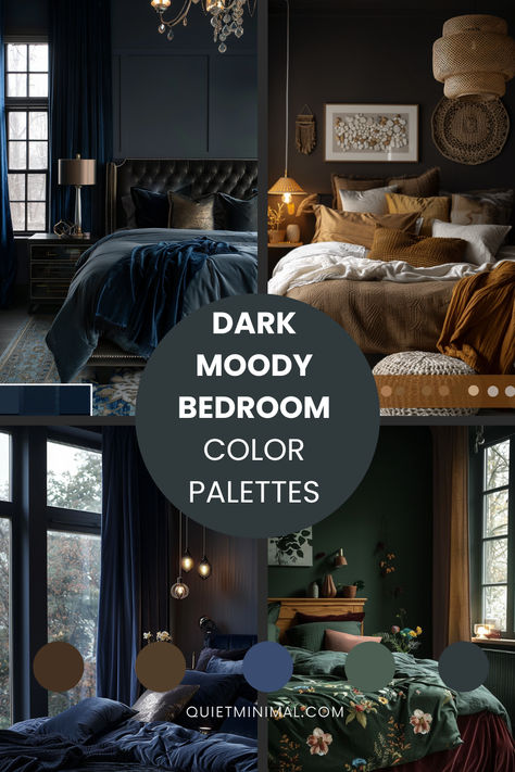 From deep blues to velvety blacks, embark on a journey of inspiration that promises to elevate your bedroom design to new heights of sophistication and style. #MoodyColorPalettes #BedroomDesign #DarkHues #SophisticatedStyle #Ambiance" 2 Colors Bedroom Walls, Bedroom Dark Color Schemes, Solid Color Bedroom, Unique Bedroom Color Schemes, Rich Colors Bedroom, Midnight Blue Walls Bedrooms, Masculine Bedroom Colors Colour Schemes, Dark Paint Bedroom Walls, Dark Blue Bedroom Color Scheme