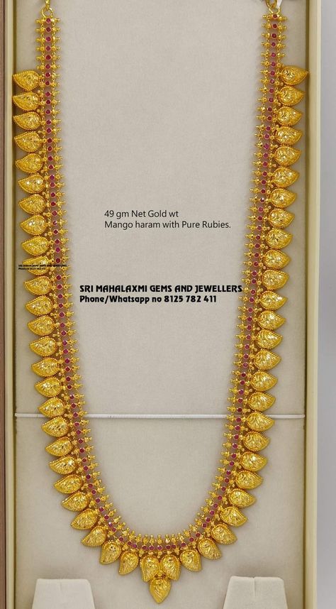 Light wt traditional harams made in perfect finish.  49 gm Mango haram shown here.  Visit us for full variety at wholesale prices phone no 8125 782 411 Mango Mala Jewellery Gold, Mango Haram Designs, Mango Mala Jewellery, Mango Haram, Mango Mala, Haram Designs, Gold Temple Jewellery, Gold Jewels Design, Mala Jewelry