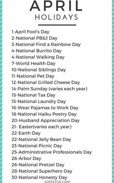 Here's a complete list of all the April holidays that are fun and random. Easy ways to celebrate fun holidays in April. April Days To Celebrate, April Hashtags, National Celebration Days, April Holidays, Monthly Holidays, National Holiday Calendar, Fun Calendar, Silly Holidays, Monthly Celebration