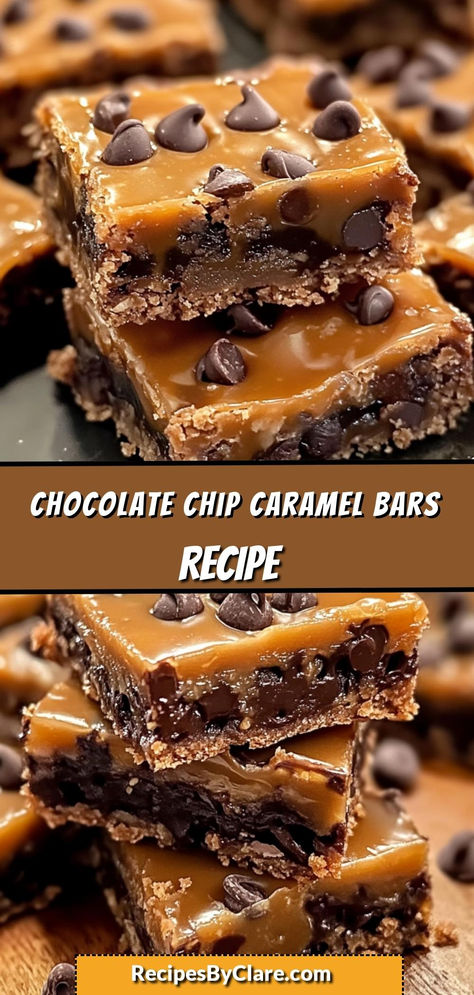 These Chocolate Chip Caramel Cookie Bars are rich, chewy, and filled with gooey caramel. Topped with extra chocolate chips, they’re the perfect dessert for chocolate and caramel lovers!

Ingredients:

1 cup unsalted butter, melted
2 cups chocolate chips
1 cup caramel sauce
Perfect for sharing—or keeping all to yourself! Chocolate Chip Caramel Bars, Caramel Bars Recipe, Caramel Cookie Bars, Caramel Cookies Bars, Italian Cookie, Caramel Chocolate Chip Cookies, Italian Cookie Recipes, Chocolate And Caramel, Brownies Cookies