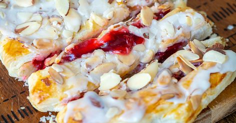 Cherry Almond Danish (Coffee Cake) | 12 Tomatoes Danish Coffee Cake, Almond Danish, Almond Cream Cheese, Sweet Slices, Almond Coffee Cake, Cream Cheese Danish, Strawberry Almond, Cheese Danish, Almond Paste