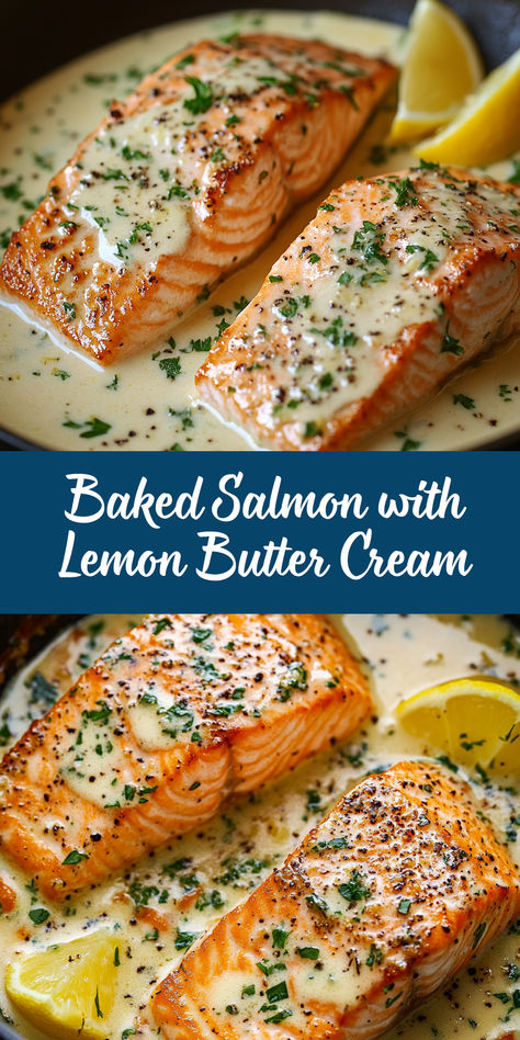 Baked Salmon with Lemon Butter Cream Sauce is a luxurious yet easy-to-make dish that’s perfect for any occasion. The flaky, tender salmon pairs beautifully with a rich, creamy lemon butter sauce, making it an irresistible meal that’s ready in under 30 minutes. Salmon With Lemon Sauce, Creamy Salmon Recipes, Cream Sauce For Salmon, Lemon Butter Cream Sauce, Creamy Lemon Butter Sauce, Lemon Salmon Recipes, Salmon With Cream Sauce, Baked Salmon With Lemon, Salmon Sauce