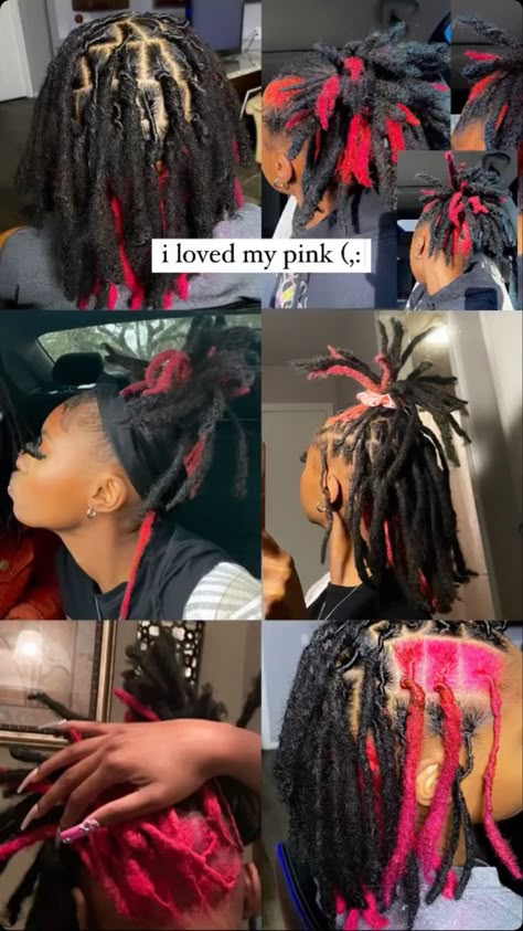 Loc Color Combo Ideas, Pink Skunk Stripe Locs, Locs With Peekaboo Color, Locs With Skunk Stripe, Short Locs Styles For Women, Locks With Color, Half Dyed Locs, Peekaboo Locs, Loc Colors