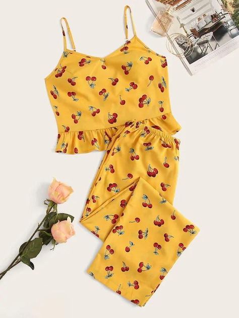 Plus Cherry Print Ruffle Hem Cami Pajama Set Yellow Pjs, Vegetable Spaghetti, Cute Pjs, Yellow Fruit, Cute Sleepwear, Cute Pajama Sets, Pajama Outfits, Cute Lazy Outfits, Lazy Outfits