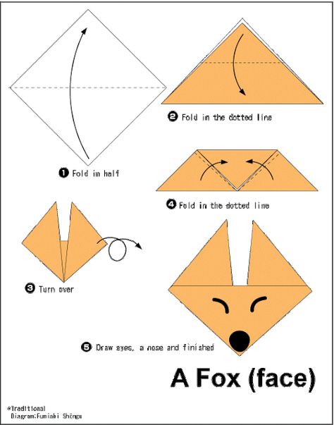 Origami Fox (face) - Easy Origami instructions For Kids Origami Instructions For Kids, Easy Origami Flower, Easy Origami For Kids, Origami For Kids, Origami Lucky Star, Origami Elephant, Origami Star Box, Origami Ball, Fox Crafts