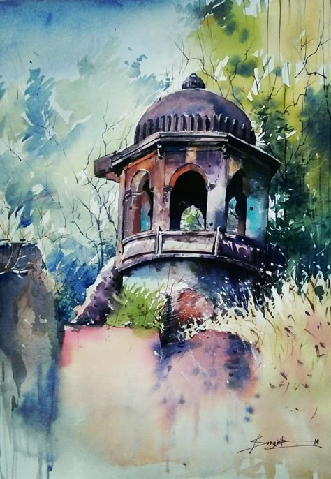 Surajit art studio, Watercolor landscape painting old temple, Indian Temple Oil Painting, Temple Watercolor Paintings, Temple Composition, Watercolours Art, India Landscape, Old Temple, Cityscape Paintings, Jeep Wallpaper, Landscape Pencil Drawings