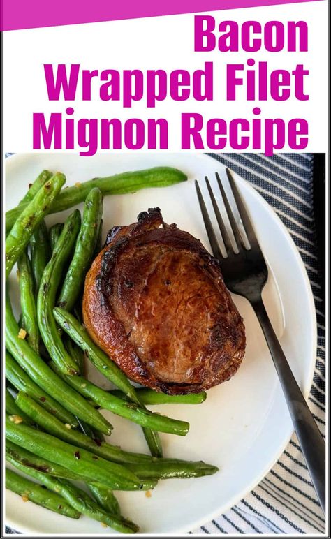 Bacon Wrapped Filet Mignon Recipe. Indulge in a juicy, crispy steak with this easy bacon-wrapped filet mignon recipe! Perfect for a special occasion or a weeknight dinner. This dish combines the rich flavor of filet mignon with the smoky goodness of bacon. Seared in a cast iron skillet and then baked in the oven, it's a delicious and satisfying meal.#baconwrappedfiletmignonrecipe #filetmignonwrappedinbacon #baconwrappedsteak Baked Filet Mignon, Filet Mignon Oven, Bacon Wrapped Filet Mignon, Bacon Wrapped Peppers, Bacon Wrapped Tenderloin, Bacon Wrapped Steak, Bacon Wrapped Beef, Filet Mignon Recipe, Bacon Wrapped Filet