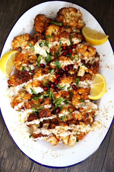 Cauliflower with Tahini Sauce Mediterranean Califlour, Fancy Cauliflower Recipes, Roasted Cauliflower Tahini Sauce, Cauliflower Tahini Recipes, Tahini Roasted Cauliflower, Roasted Cauliflower With Tahini Sauce, Lebanese Cauliflower, Middle Eastern Cauliflower, Cauliflower With Tahini Sauce