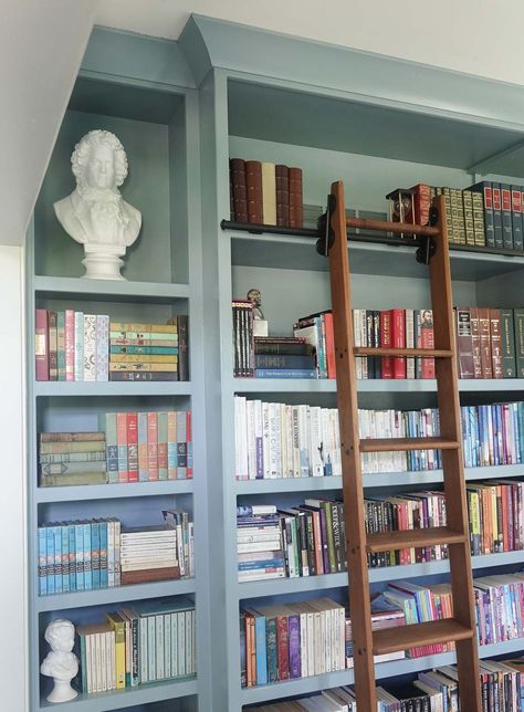 Paint Colors For Bookshelves, Painted Wall Bookshelves, Blue Library Bookshelves, Light Blue Built In Bookcase, Blue And White Library, Blue Bookshelves Living Room, Bookshelves Color Ideas, Blue Bookcase Living Room, Light Blue Bookcase